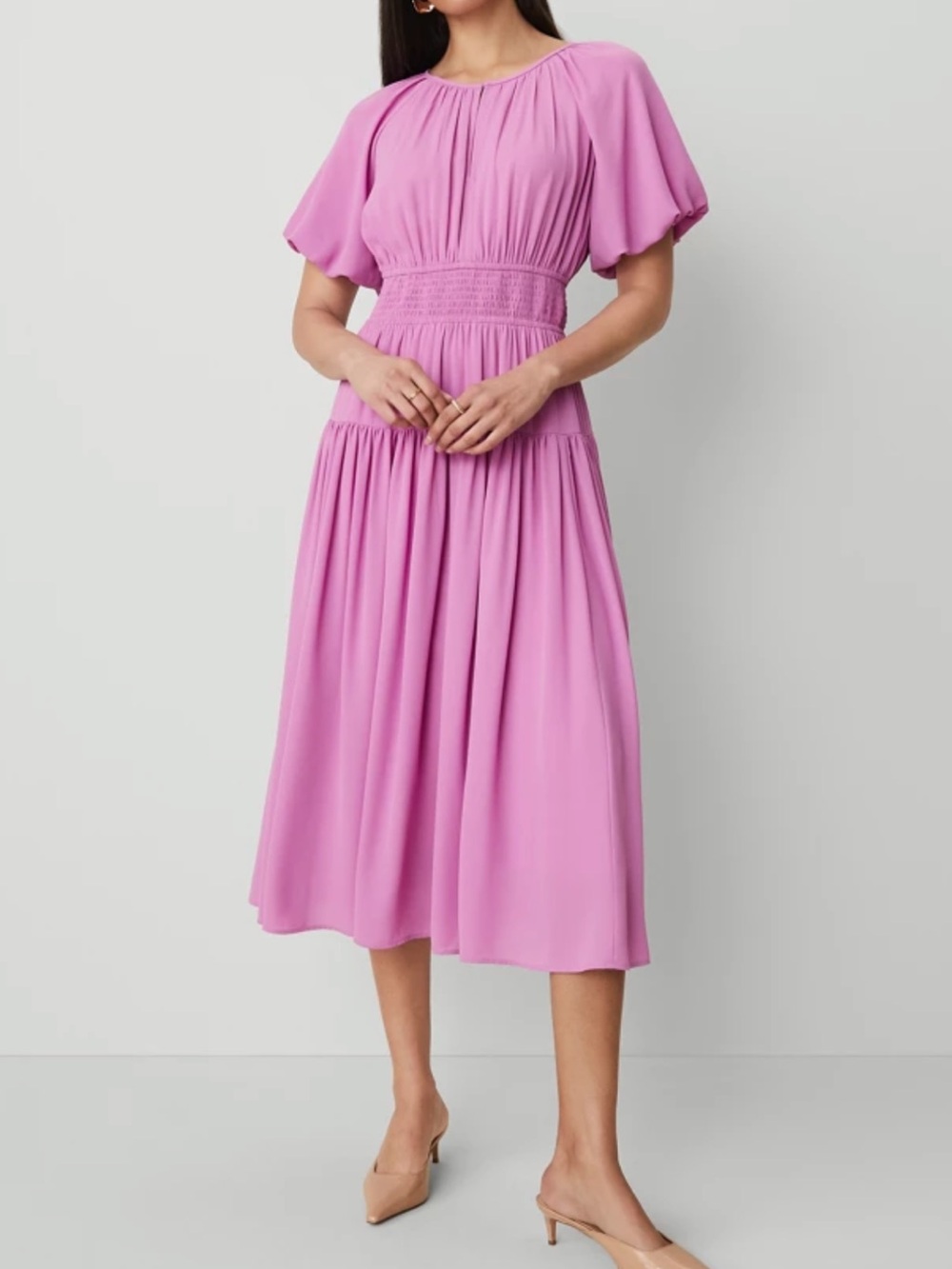 Ann Taylor Women’s Pink/Purple Smocked Waist Midi Dress (Size 8)